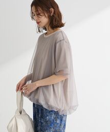 チュールドッキングバルーン5分袖プルオーバー