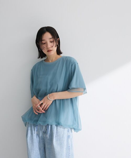 Green　Parks（グリーンパークス）の「チュールドッキングバルーン5分袖プルオーバー（Tシャツ/カットソー・レディース・ブラック/オフホワイト/ブルー/ライトグレー・FREE）」の8枚目の写真