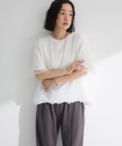 Green　Parks（グリーンパークス）の「チュールドッキングバルーン5分袖プルオーバー（Tシャツ/カットソー・レディース・ブラック/オフホワイト/ブルー/ライトグレー・FREE）」の18枚目の写真