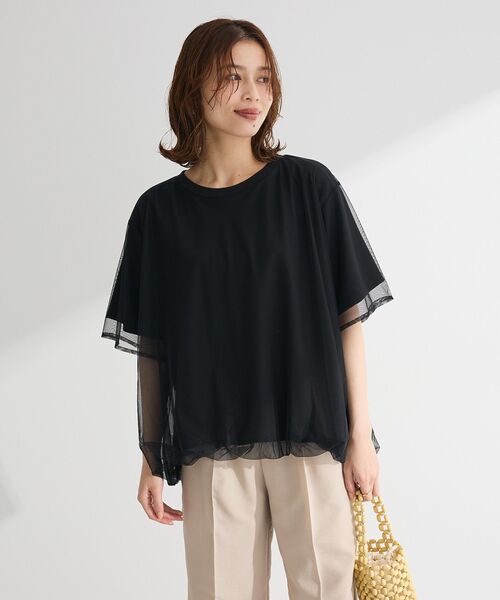 tシャツ カットソーチュールドッキングプルオーバー レディース セール】チュールドッキングバルーン5分袖プルオーバー（Tシャツ
