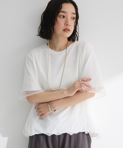 Green　Parks（グリーンパークス）の「チュールドッキングバルーン5分袖プルオーバー（Tシャツ/カットソー・レディース・ブラック/オフホワイト/ブルー/ライトグレー・FREE）」の2枚目の写真