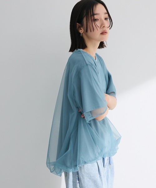 セール】チュールドッキングバルーン5分袖プルオーバー（Tシャツ