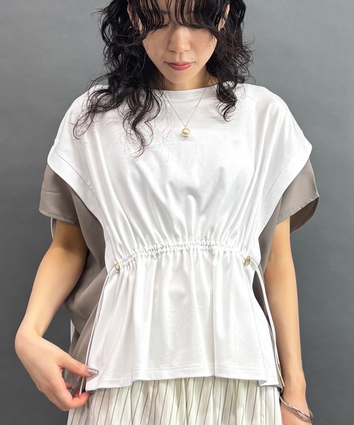 NICOLE white(ニコルホワイト)の「ウエストドロスト配色TEE(Tシャツ/カットソー・レディース・ブラック/オフホワイト/グレー・FREE)」の1枚目の写真