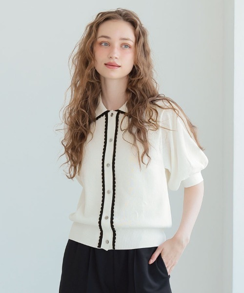 DONOBAN(ドノバン)の「スカラップポロカーディガン(カーディガン/ボレロ・レディース・ブラック/ホワイト・ONE)」の1枚目の写真