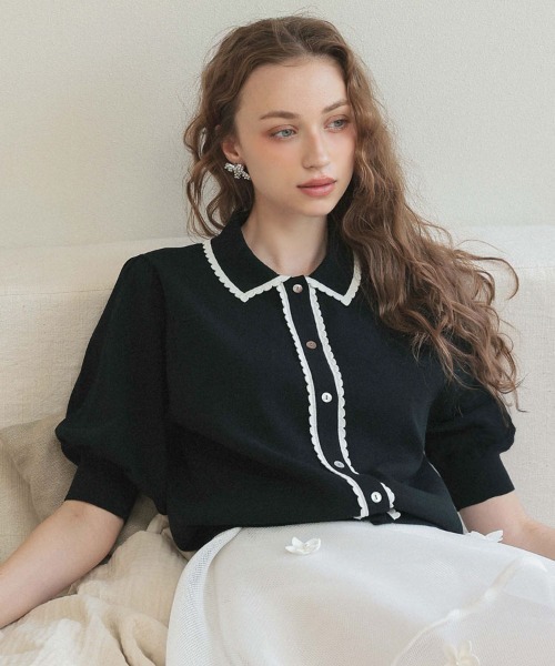 DONOBAN(ドノバン)の「スカラップポロカーディガン(カーディガン/ボレロ・レディース・ブラック/ホワイト・ONE)」の3枚目の写真