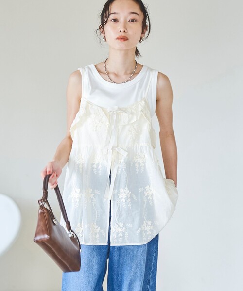 新品未使さえらピンク 刺繍入り割烹着ルームウェア(ゆったり)●肩小さいシミみっけ セール】3D刺繍 キャミソールビスチェ（キャミソール）｜coen