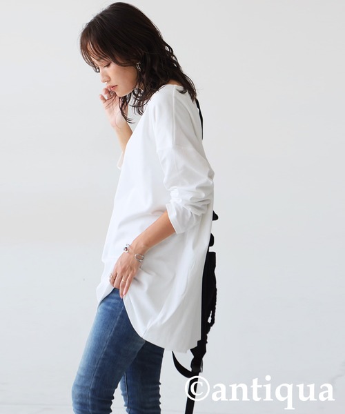 antiqua(アンティカ)の「綿100% ドロップショルダー ロンT(Tシャツ/カットソー・レディース・ブラック/カーキ/杢グレー/ダークグレー/ネイビー/ホワイト・M/L/XL)」の7枚目の写真