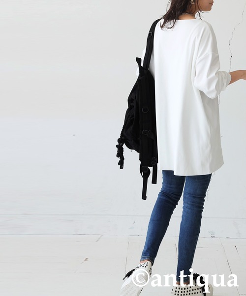 antiqua(アンティカ)の「綿100% ドロップショルダー ロンT(Tシャツ/カットソー・レディース・ブラック/カーキ/杢グレー/ダークグレー/ネイビー/ホワイト・M/L/XL)」の8枚目の写真