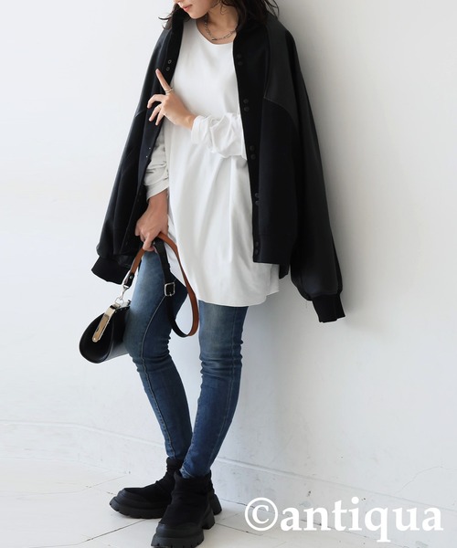 antiqua(アンティカ)の「綿100% ドロップショルダー ロンT(Tシャツ/カットソー・レディース・ブラック/カーキ/杢グレー/ダークグレー/ネイビー/ホワイト・M/L/XL)」の9枚目の写真