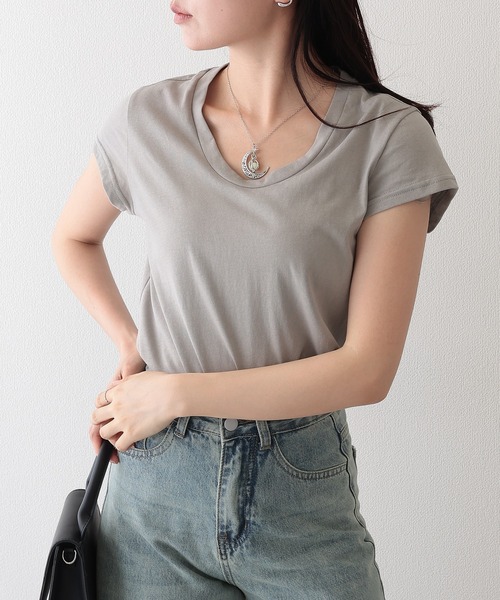 Lace Ladies（レースレディース）の「ソリッドカラー Uネック フレンチスリーブ ベーシック Tシャツ（Tシャツ/カットソー・レディース・ホワイト/ミント/ダークグレー/グレー/ブラック・FREE）」の4枚目の写真