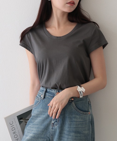 Lace Ladies（レースレディース）の「ソリッドカラー Uネック フレンチスリーブ ベーシック Tシャツ（Tシャツ/カットソー・レディース・ホワイト/ミント/ダークグレー/グレー/ブラック・FREE）」の5枚目の写真