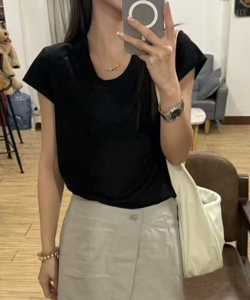 Lace Ladies（レースレディース）の「ソリッドカラー Uネック フレンチスリーブ ベーシック Tシャツ（Tシャツ/カットソー・レディース・ホワイト/ミント/ダークグレー/グレー/ブラック・FREE）」の3枚目の写真