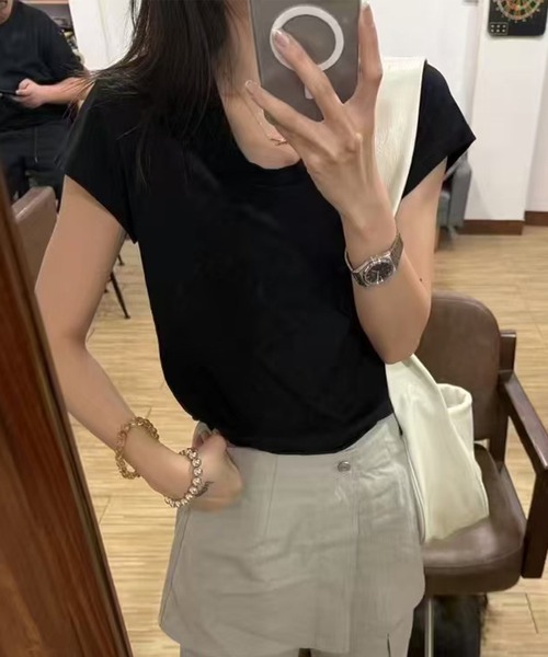Lace Ladies（レースレディース）の「ソリッドカラー Uネック フレンチスリーブ ベーシック Tシャツ（Tシャツ/カットソー・レディース・ホワイト/ミント/ダークグレー/グレー/ブラック・FREE）」の6枚目の写真