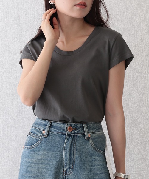 Lace Ladies（レースレディース）の「ソリッドカラー Uネック フレンチスリーブ ベーシック Tシャツ（Tシャツ/カットソー・レディース・ホワイト/ミント/ダークグレー/グレー/ブラック・FREE）」の8枚目の写真