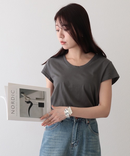 Lace Ladies（レースレディース）の「ソリッドカラー Uネック フレンチスリーブ ベーシック Tシャツ（Tシャツ/カットソー・レディース・ホワイト/ミント/ダークグレー/グレー/ブラック・FREE）」の10枚目の写真