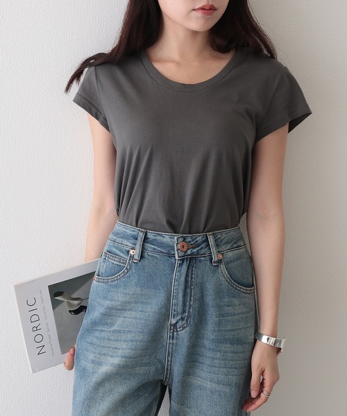Lace Ladies（レースレディース）の「ソリッドカラー Uネック フレンチスリーブ ベーシック Tシャツ（Tシャツ/カットソー・レディース・ホワイト/ミント/ダークグレー/グレー/ブラック・FREE）」の11枚目の写真