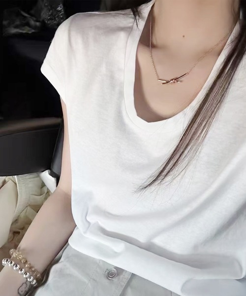 Lace Ladies（レースレディース）の「ソリッドカラー Uネック フレンチスリーブ ベーシック Tシャツ（Tシャツ/カットソー・レディース・ホワイト/ミント/ダークグレー/グレー/ブラック・FREE）」の19枚目の写真