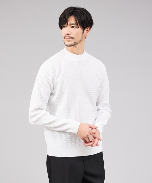 ABAHOUSE GRAY（アバハウスグレイ）の「【ハイストレッチ】ブロックチェック ジャガード モックネックニット（ニット/セーター・メンズ・グレイッシュベージュ/モカ/ネイビー/ブラック/ホワイト・46/48/50）」の2枚目の写真