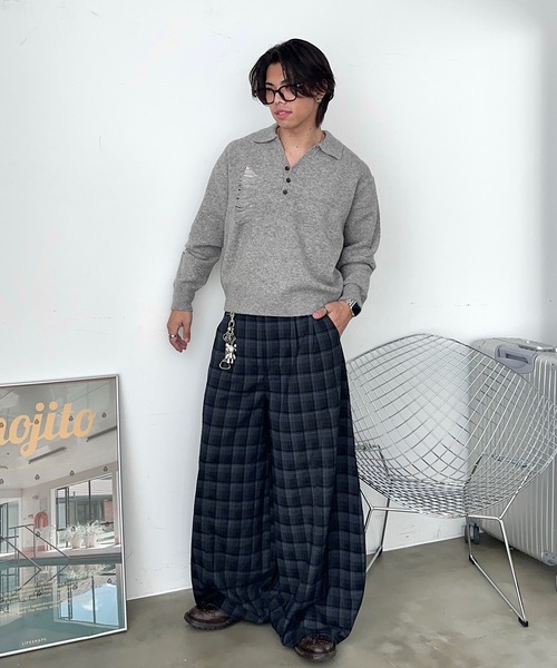 mando」 チェック柄パンツ L ネイビー メンズ チェックパンツ メンズ