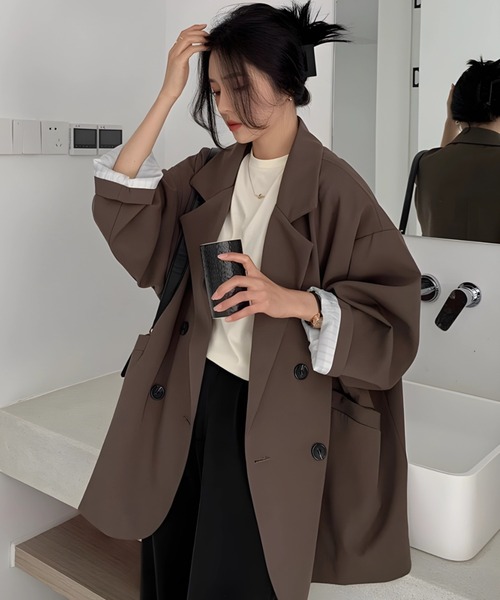 yuue' ( wear )(ユーイ)の「オーバーサイズ裏地ストライプテーラードジャケット(テーラードジャケット・レディース・ブラウン/ブラック・M)」の1枚目の写真