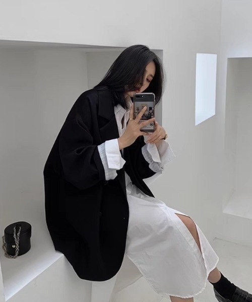 yuue' ( wear )(ユーイ)の「オーバーサイズ裏地ストライプテーラードジャケット(テーラードジャケット・レディース・ブラウン/ブラック・M)」の9枚目の写真