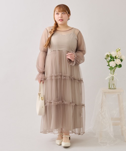 ルオシー バックリボンチュールティアードワンピ+キャミワンピSET 4L 大きいサイズ】バックリボンチュールティアードワンピ+キャミ