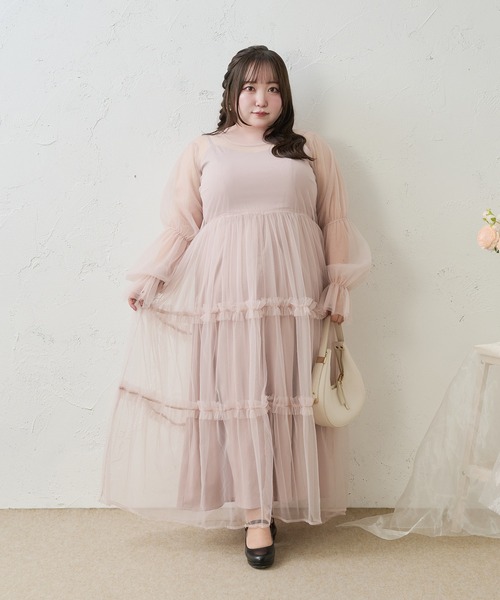 Louiosy(ルオシー)の「【Louiosy】【大きいサイズ】バックリボンチュールティアードワンピ+キャミワンピSET(ワンピース・レディース・ブラック/ベージュ/ミント/ブルー/ピンク系その他・4L/X-LARGE/3L)」の5枚目の写真