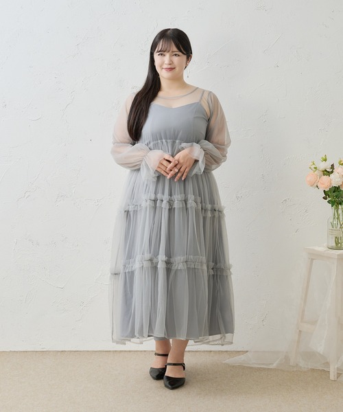Louiosy(ルオシー)の「【Louiosy】【大きいサイズ】バックリボンチュールティアードワンピ+キャミワンピSET(ワンピース・レディース・ブラック/ベージュ/ミント/ブルー/ピンク系その他・4L/X-LARGE/3L)」の1枚目の写真