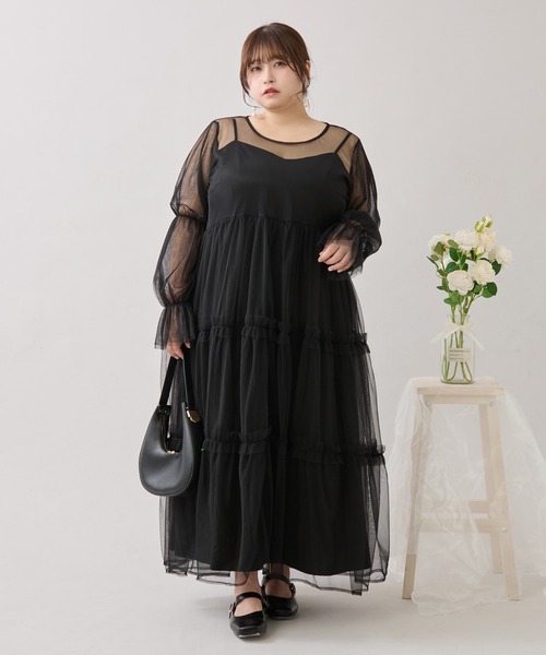 大きいサイズ】バックリボンチュールティアードワンピ+キャミワンピSET