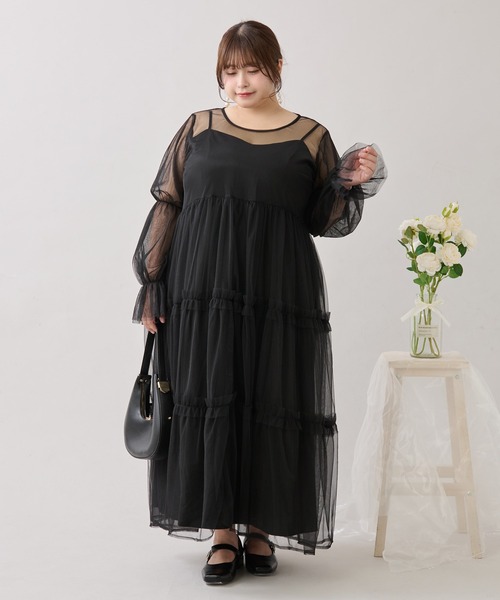 ルオシー バックリボンチュールティアードワンピ+キャミワンピSET 4L ルオシー バックリボンチュールティアードワンピ+キャミワンピ