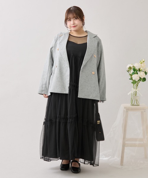 大きいサイズ】バックリボンチュールティアードワンピ+キャミ