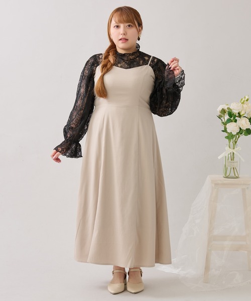 ルオシー バックリボンチュールティアードワンピ+キャミワンピSET 4L 大きいサイズ】バックリボンチュールティアードワンピ+キャミ