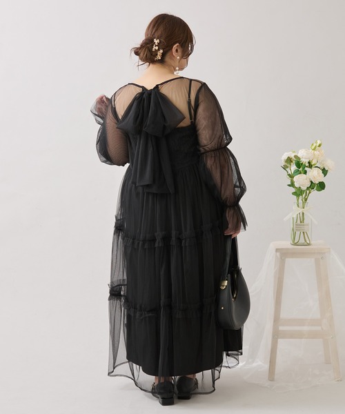 大きいサイズ】バックリボンチュールティアードワンピ+キャミ