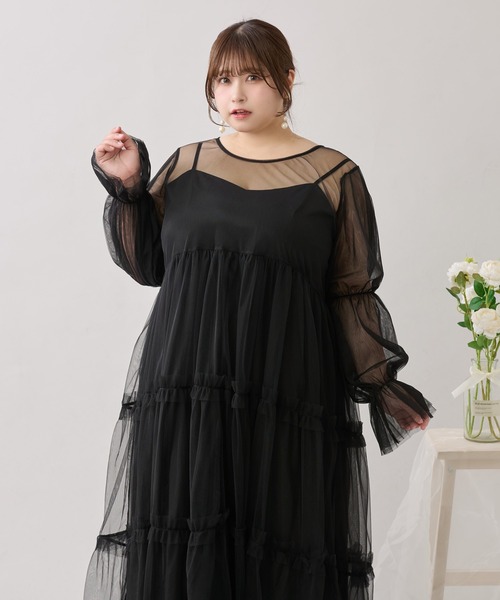 ルオシー バックリボンチュールティアードワンピ+キャミワンピSET 4L 大きいサイズ】バックリボンチュールティアードワンピ+キャミ