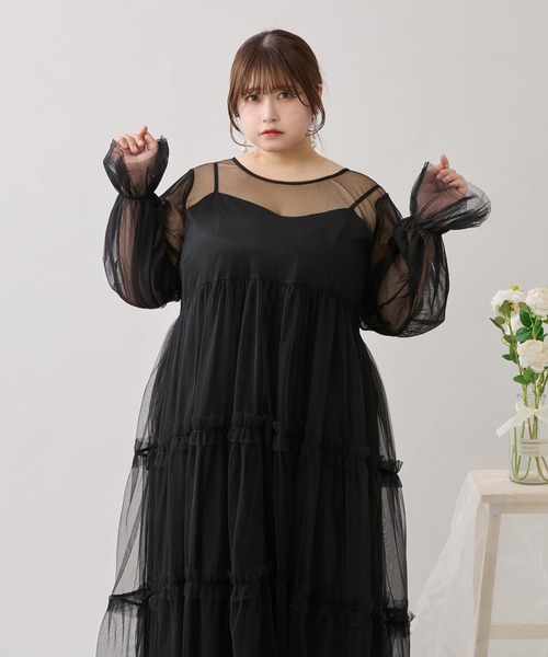 Louiosy バックリボンチュールティアードワンピ+キャミワンピSET Louiosy】【大きいサイズ】バックリボンチュールティアードワンピ+