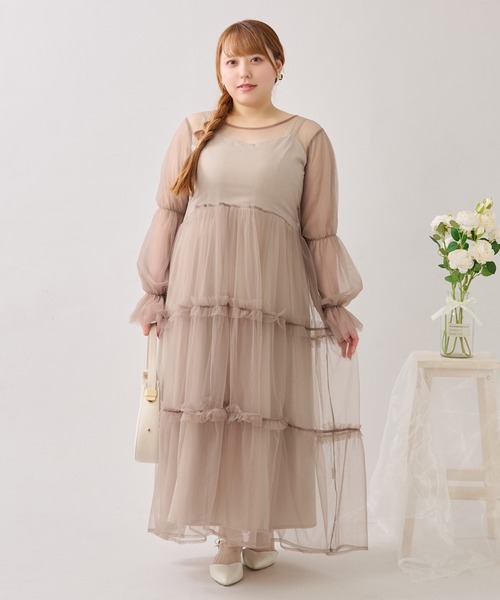 ルオシー バックリボンチュールティアードワンピ+キャミワンピSET 4L 大きいサイズ】バックリボンチュールティアードワンピ+キャミ