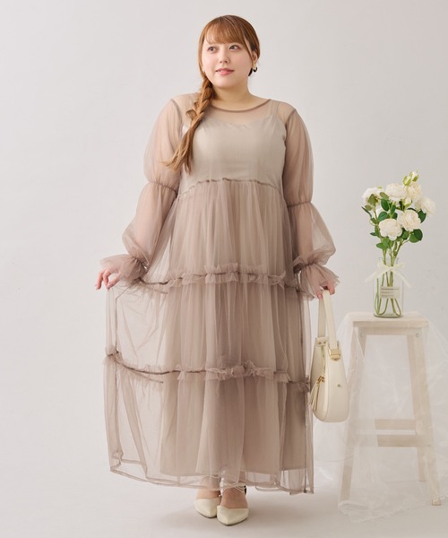 大きいサイズ】バックリボンチュールティアードワンピ+キャミワンピSET