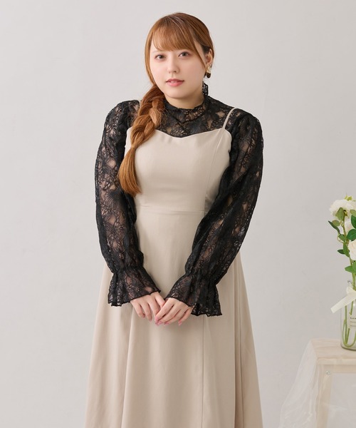 ルオシー バックリボンチュールティアードワンピ+キャミワンピSET 4L 大きいサイズ】バックリボンチュールティアードワンピ+キャミ