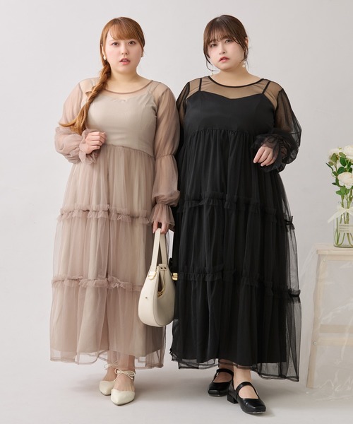 ルオシー バックリボンチュールティアードワンピ+キャミワンピSET 4L Louiosy（ルオシー）の「【大きいサイズ】バックリボンチュール