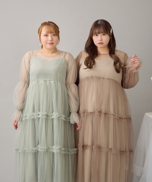 ルオシー バックリボンチュールティアードワンピ+キャミワンピSET 4L 大きいサイズ】バックリボンチュールティアードワンピ+キャミワンピSET