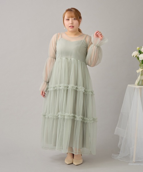 Louiosy(ルオシー)の「【Louiosy】【大きいサイズ】バックリボンチュールティアードワンピ+キャミワンピSET(ワンピース・レディース・ブラック/ベージュ/ミント/ブルー/ピンク系その他・4L/X-LARGE/3L)」の10枚目の写真