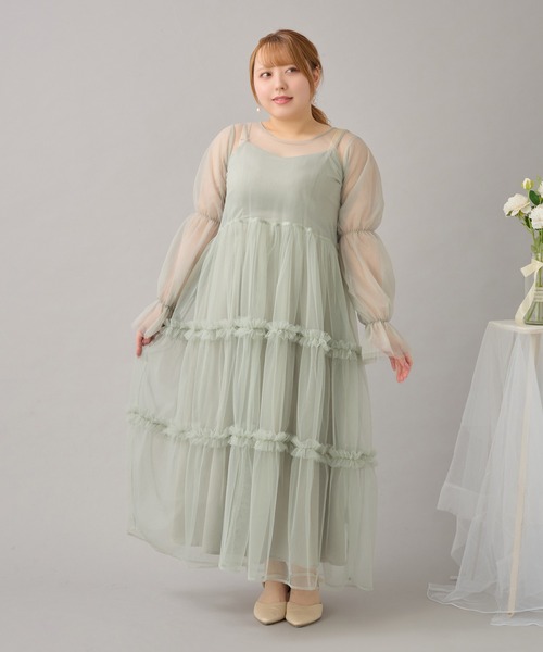 大きいサイズ】バックリボンチュールティアードワンピ+キャミワンピSET