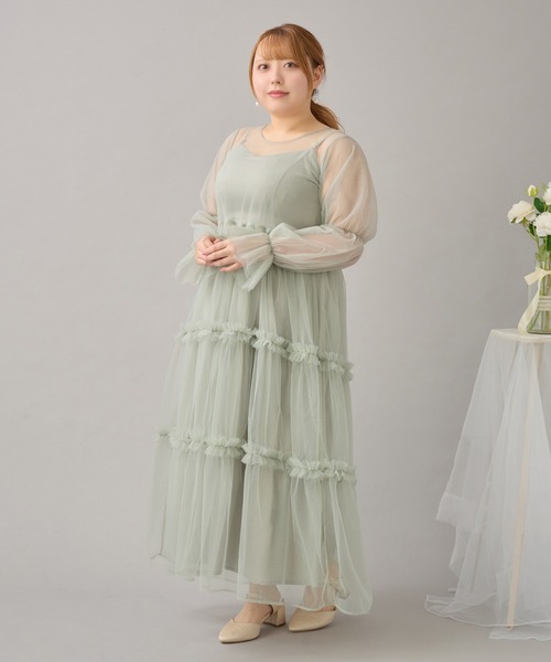 Louiosy(ルオシー)の「【Louiosy】【大きいサイズ】バックリボンチュールティアードワンピ+キャミワンピSET(ワンピース・レディース・ブラック/ベージュ/ミント/ブルー/ピンク系その他・4L/X-LARGE/3L)」の12枚目の写真