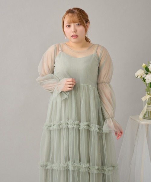 大きいサイズ】バックリボンチュールティアードワンピ+キャミワンピSET