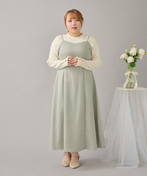 大きいサイズ】バックリボンチュールティアードワンピ+キャミワンピSET