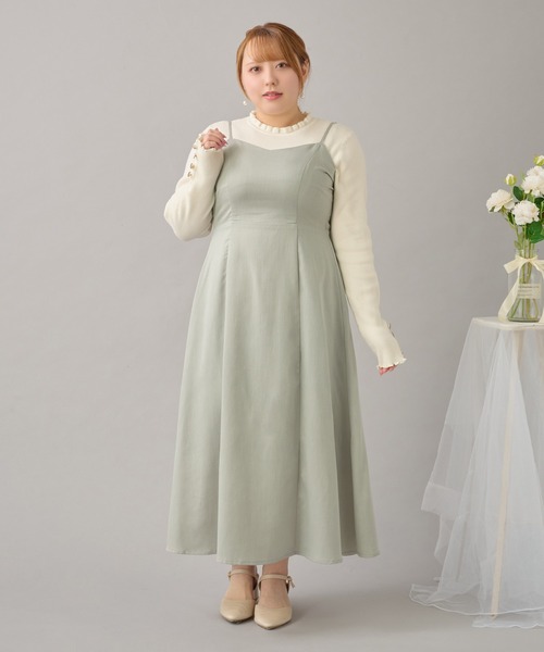 大きいサイズ】バックリボンチュールティアードワンピ+キャミワンピSET