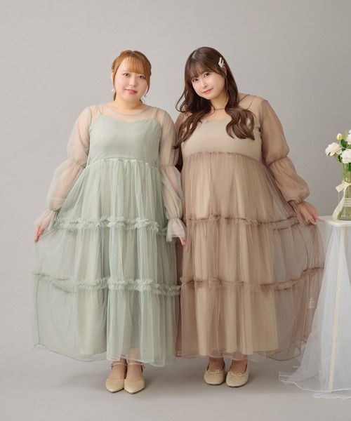 大きいサイズ】バックリボンチュールティアードワンピ+キャミワンピSET