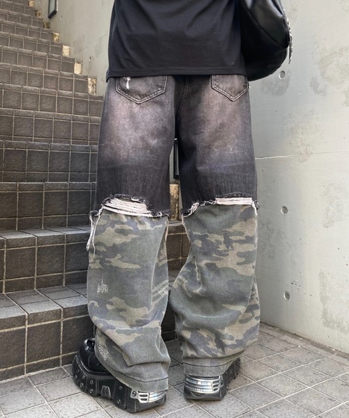 メンズ カモフラ切替 デニムパンツ ブラック swag