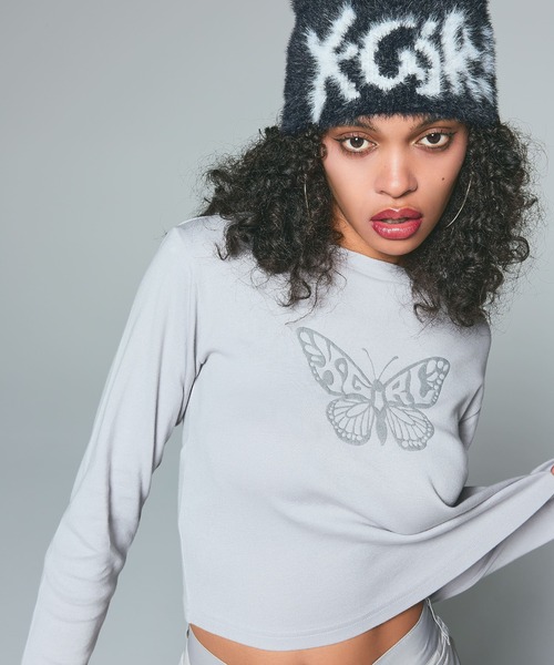 X-girl（エックスガール）の「SIGNATURE LOGO SHAGGY BEANIE（ニットキャップ/ビーニー・レディース・ブラック/ライトブルー/ブラウン・ONE SIZE）」の4枚目の写真