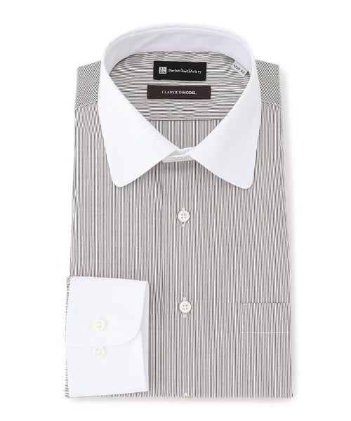 Perfect Suit FActory（パーフェクトスーツファクトリー）の「【ノンアイロン】クレリック　長袖ワイシャツ【クラシコ】ラウンドカラー　ホワイト（ビジネスシャツ・メンズ・ブラウン・首回り39cm-裄丈82cm/首回り41cm-裄丈84cm/首回り45cm-裄丈86cm/首回り37cm-裄丈80cm/首回り43cm-裄丈86cm）」の3枚目の写真